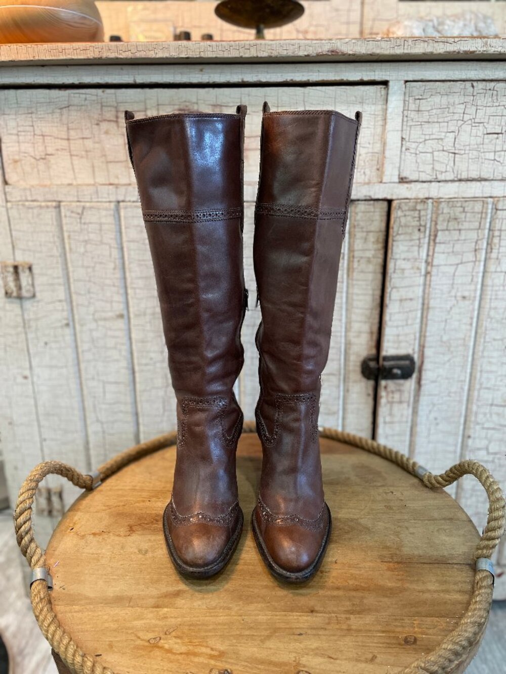 RSVP Collection Brown Leather Tall Riding Boots Size 8M Womens Brogue Detail - Picture 3 of 13